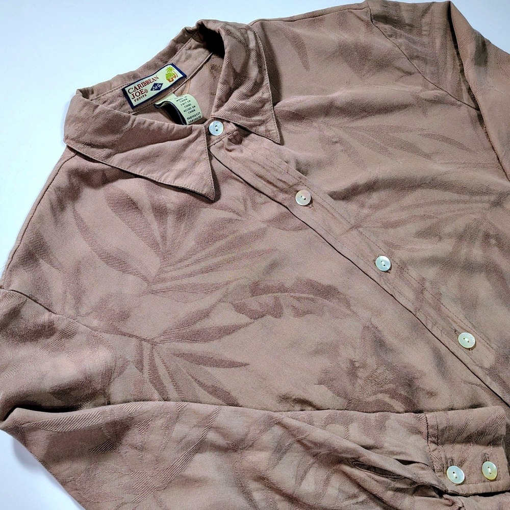Caribbean Joe Petite Let Go Brown Leaf‎ Pattern Silk Rayon Button Down Shirt